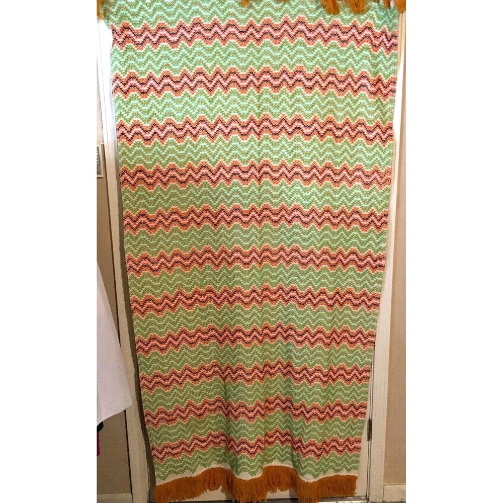 Vtg Zig Zag Knit Handmade Sofa Lap Throw Orange Green 46
